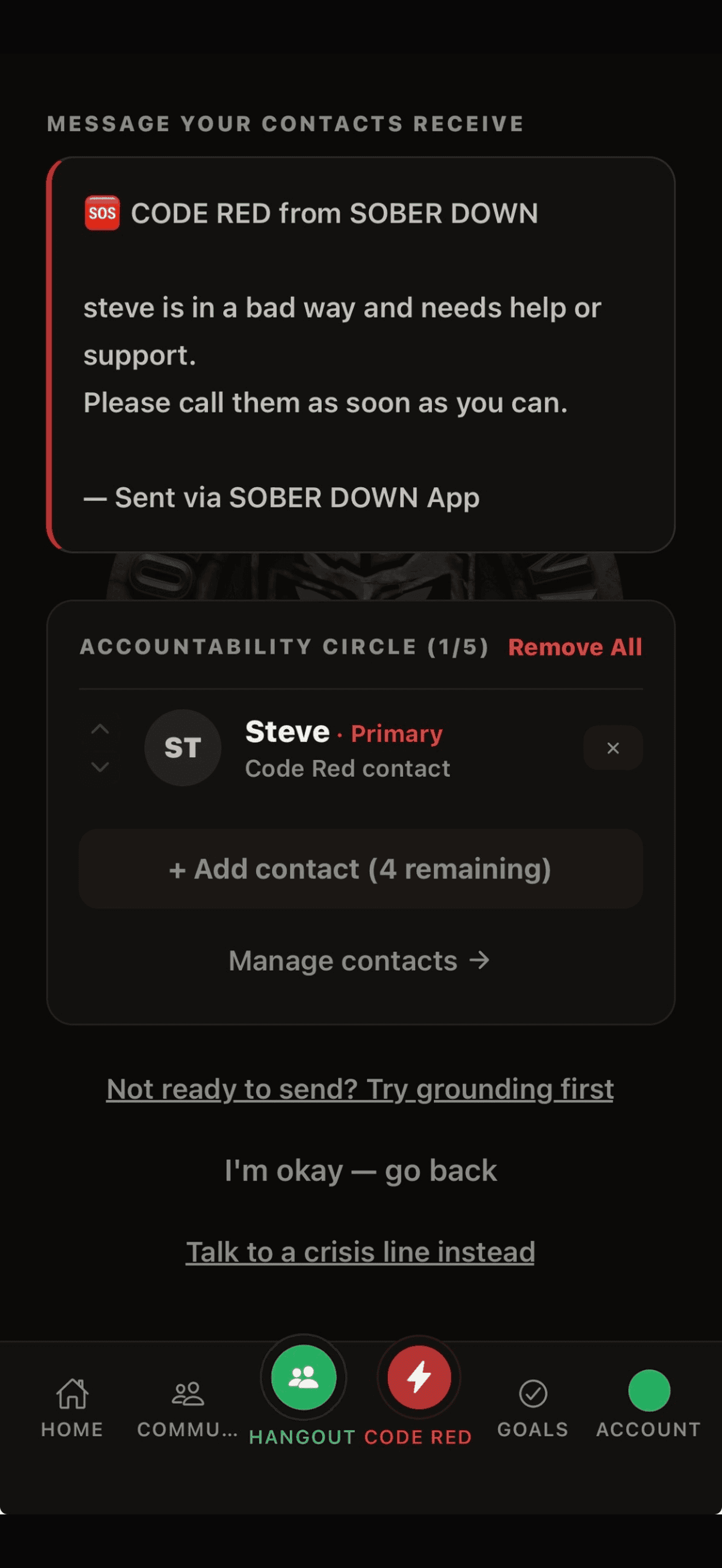 Accountability Circle screen in SoberDown