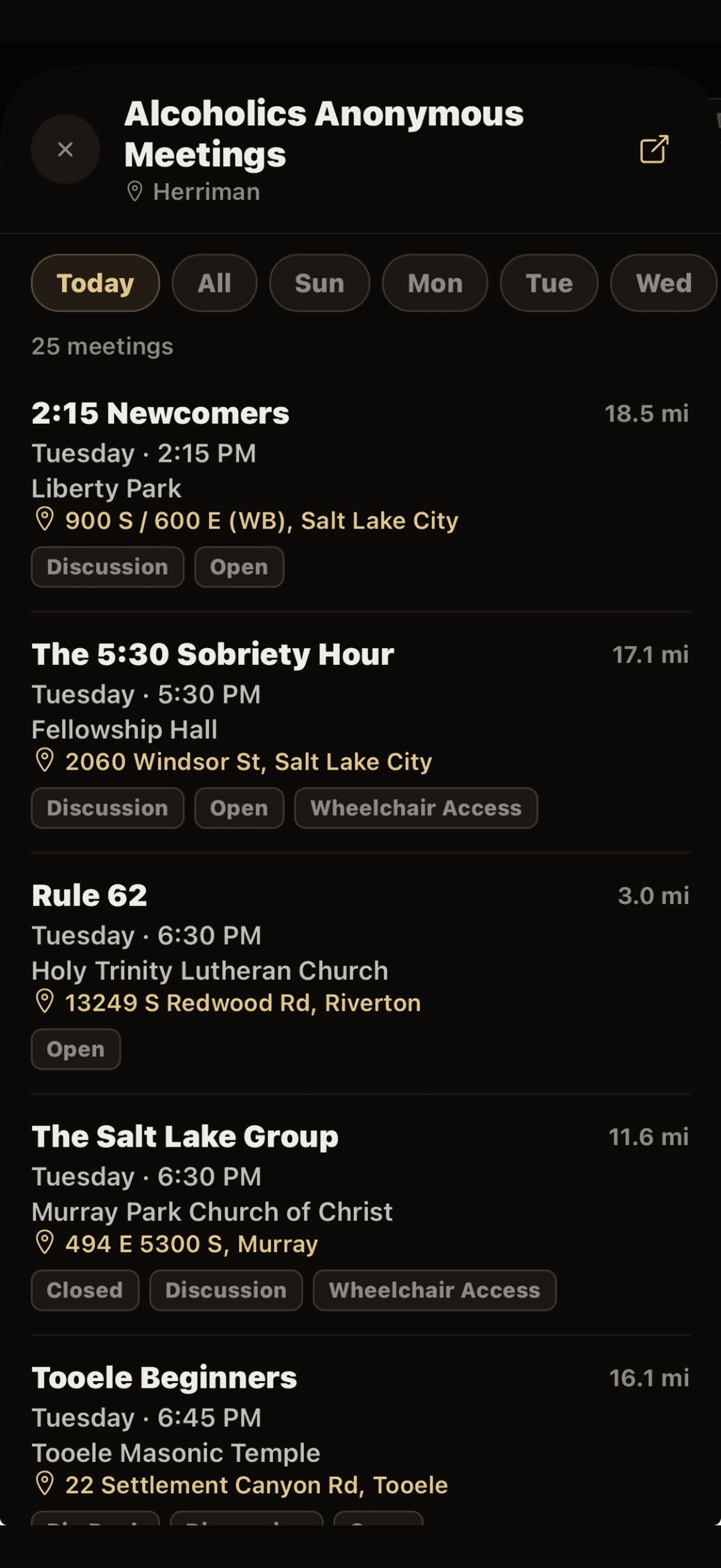 Meeting Finder screen in SoberDown