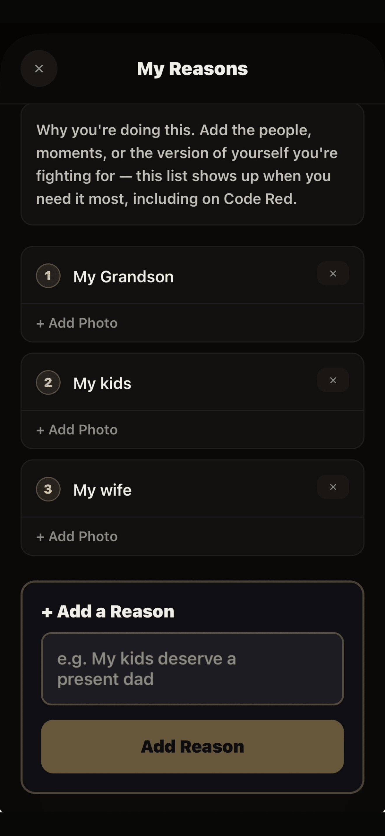 My Reasons screen in SoberDown